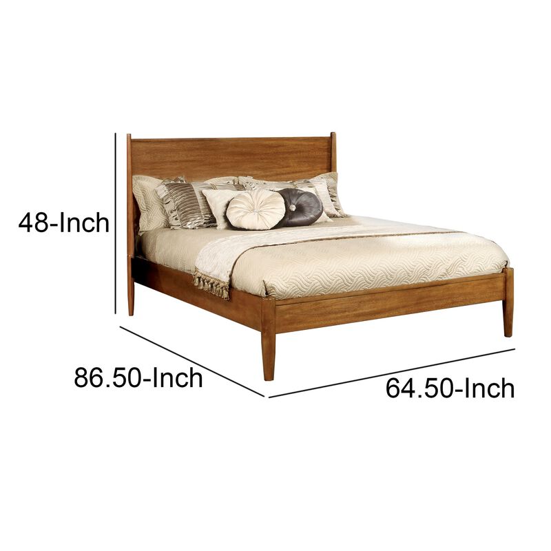 Mid Century Modern Wood Queen Bed, Round Tapered Legs, Oak Brown-Benzara