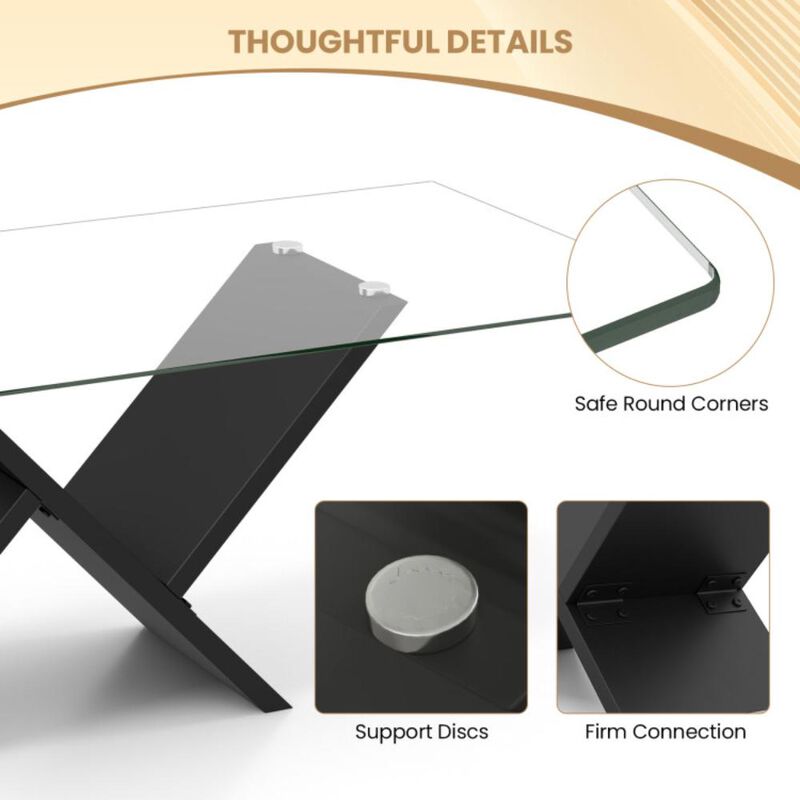 Hivvago 47 Inch Rectangle Glass Coffee Table Modern Center Table with Tempered Glass Tabletop