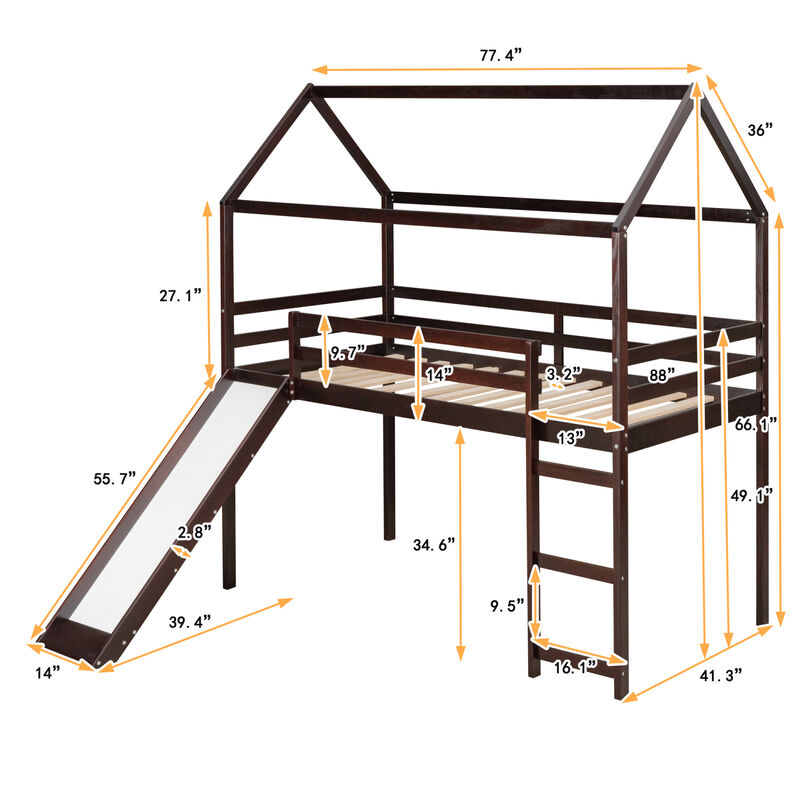 Twin Loft Bed with Slide, House Bed with Slide