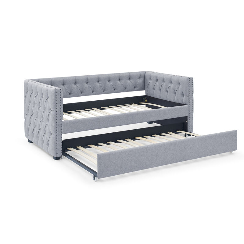 Grey Upholstered Twin Daybed with Trundle & Sofa Bed