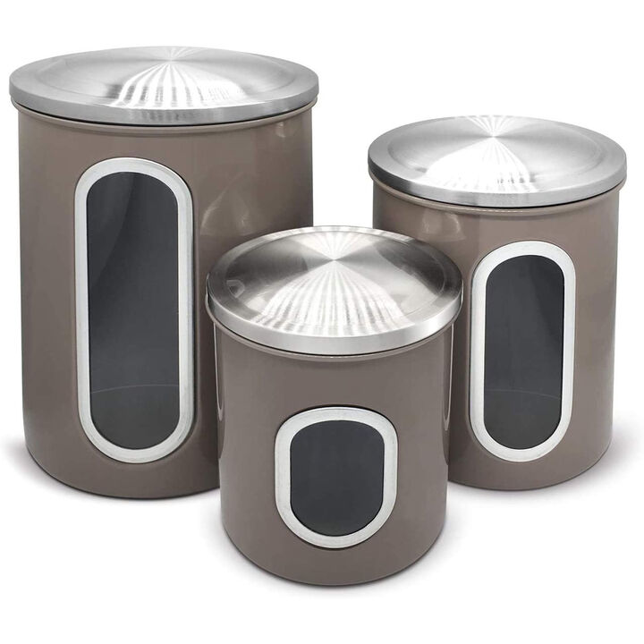 3-Piece Stainless Steel Sealed Canister Set for Kitchen Storage - See-Through Design for Easy Viewing (8oz, 12oz, 16oz, Brown)