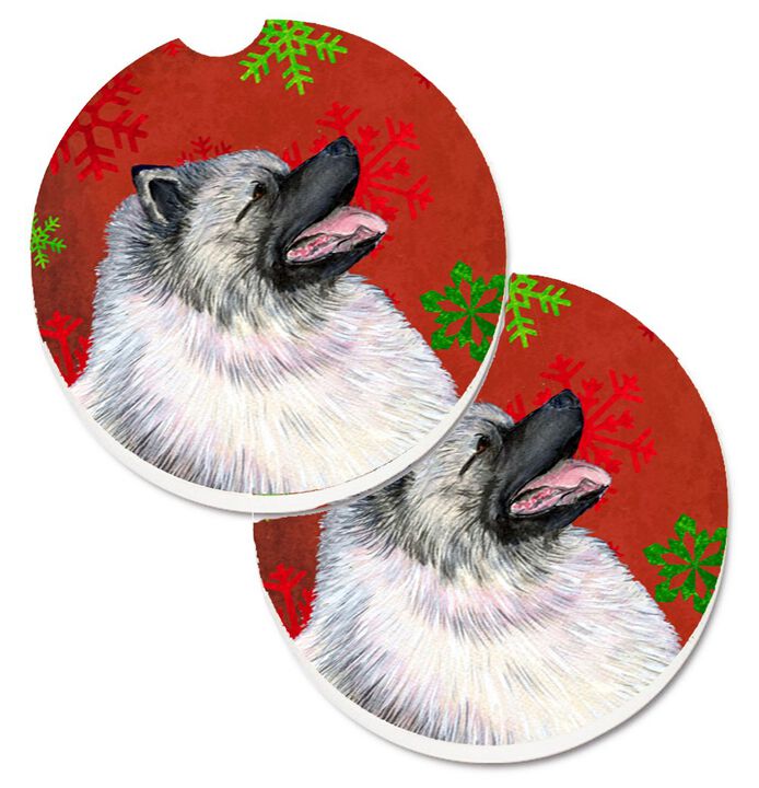 Caroline's Treasures Keeshond Red & green Snowflakes Holiday Christmas Set of 2 Cup Holder Car Coasters SS4695CARC, 2.56, Multicolor