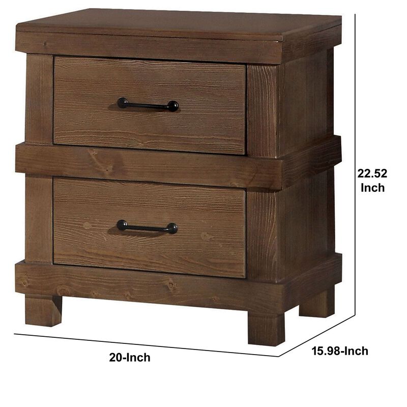 Two Drawer Nightstand With Metal Handle, Antique Oak-Benzara