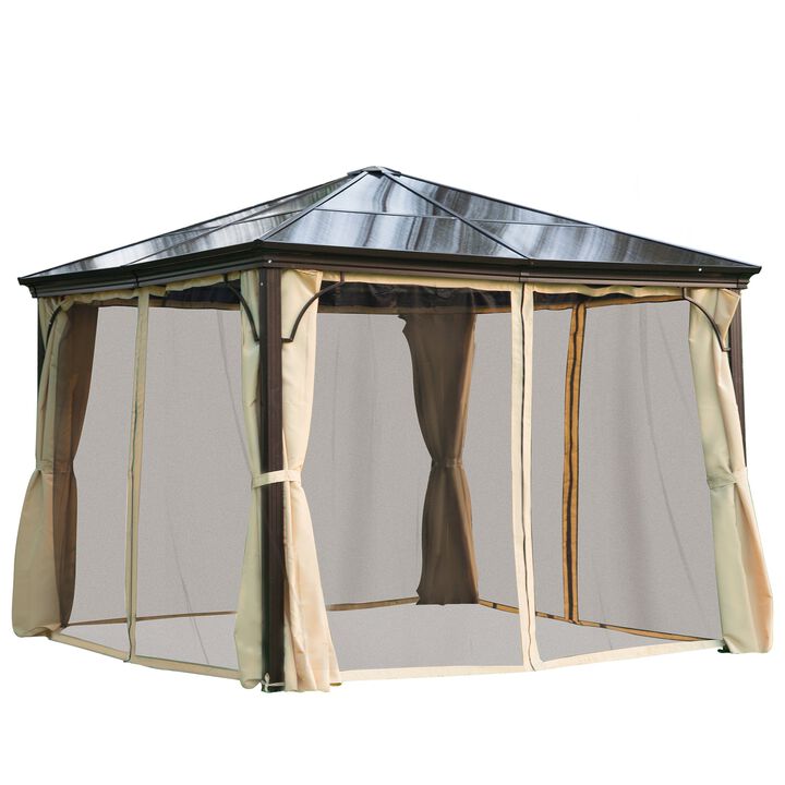 Durable Outdoor Shelter: 10x10 Beige Hardtop Gazebo with Curtains & Netting