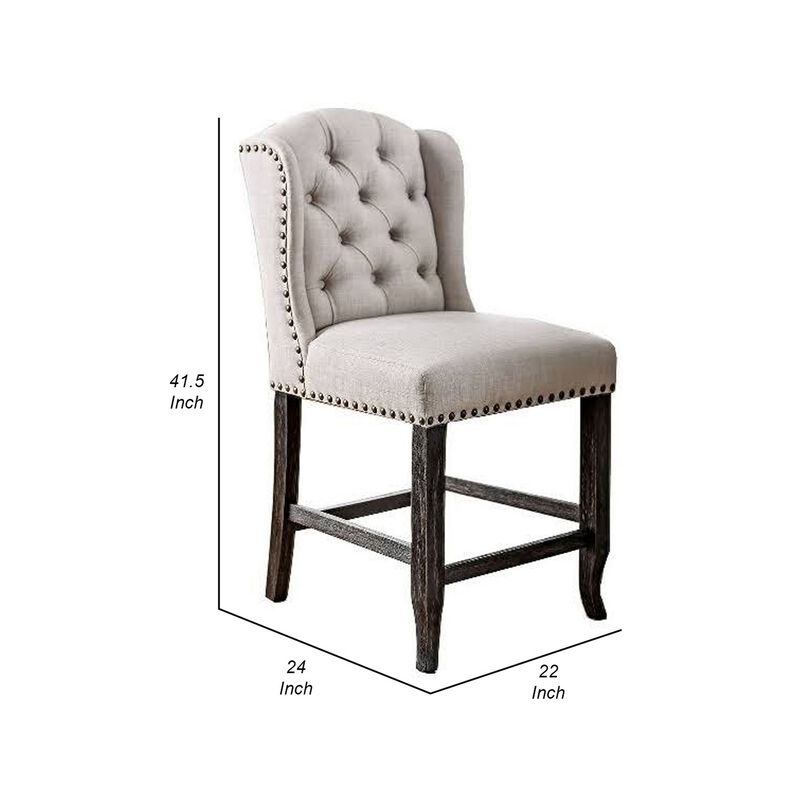 Bega 24 Inch Counter Height Chair, Set of 2, Wingback, Tufted, Light Gray-Benzara
