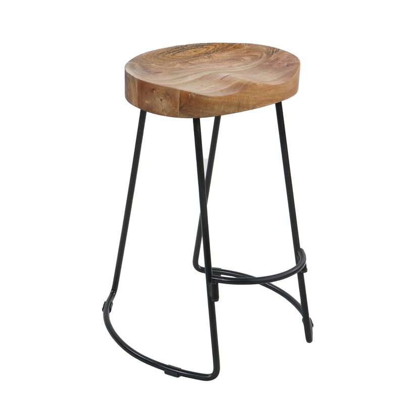 24 Inch Handcrafted Backless Barstool, Natural Brown Mango Wood Thick Saddle Seat, Black Iron Base - Benzara