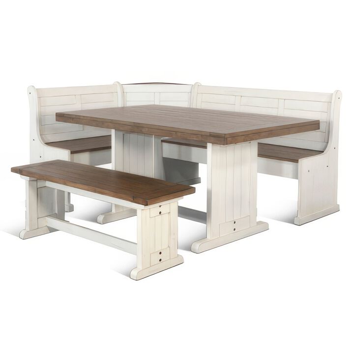 Sime 4pc Corner Breakfast Nook Set, White Brown Dining Table and Bench - Benzara