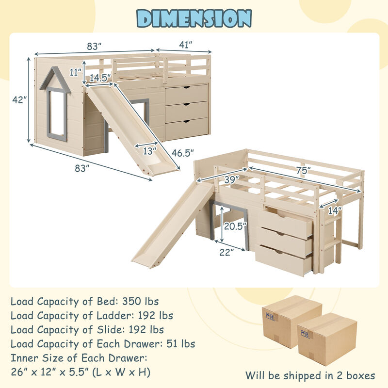 3-In-1 Twin Loft Bed with Slide Ladder Drawers for Kids Teens-Beige