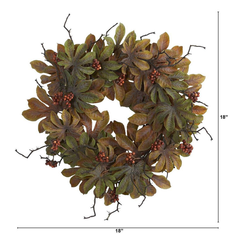 Nearly Natural 24-in Fatsia with Berries Autumn Artificial Wreath
