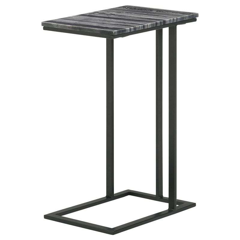 Enu 25 Inch Accent C Table, Marble Top, Black Metal Cantilever Base, Gray  - Benzara