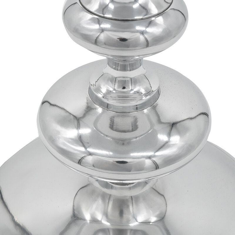 23 Inch Modern Aluminum Side Table, Round Tabletop and Base, Carved, Silver - Benzara
