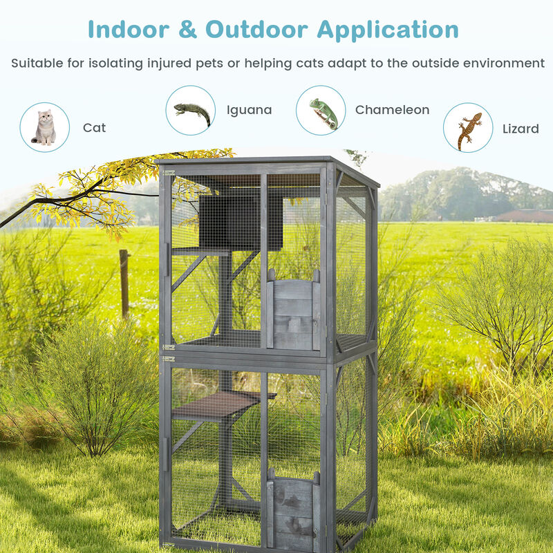 72 Inch TallWooden Cat House with Weatherproof Asphalt Roof-Grey