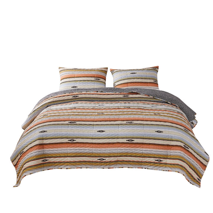 3 Piece Microfiber Full Size Quilt Set with Chevron Print, Multicolor - Benzara