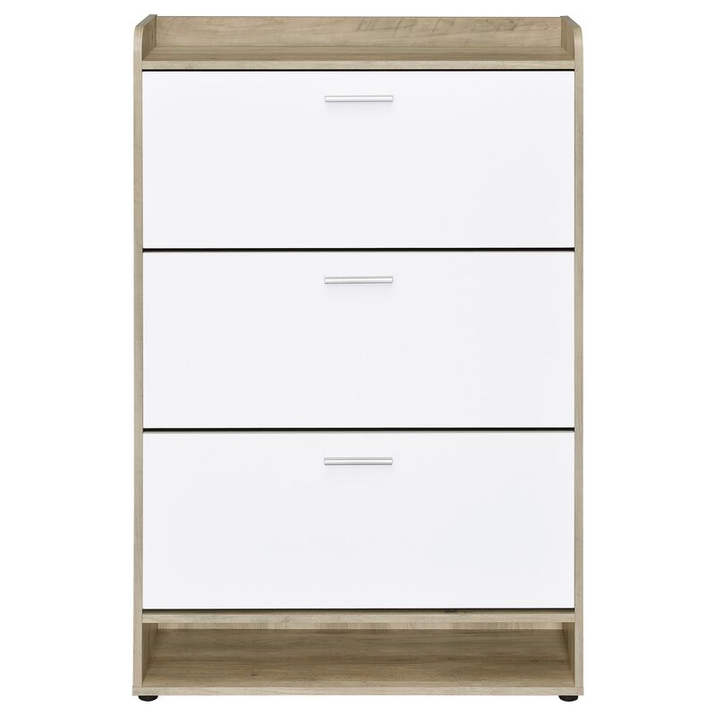 Danny Shoe Storage Cabinet, 3 Tiered, Bottom Shelf, Antiqued White Pine - Benzara