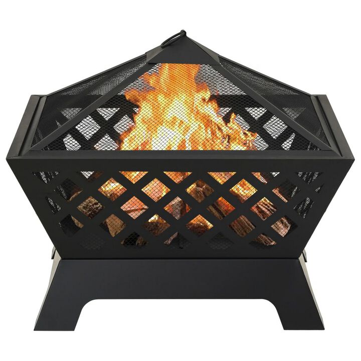 Outdoor Fire Pit with Poker n Mesh Cover, 25 Inch Square, Black Steel - Benzara