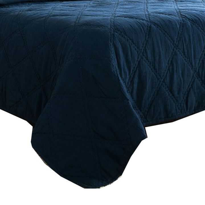 Hara Hand Quilted Flax Linen Quilt Polyester Fill, Midnight Blue-Benzara