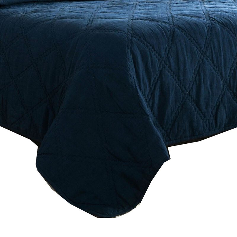 Hara Hand Quilted Flax Linen Quilt Polyester Fill, Midnight Blue-Benzara