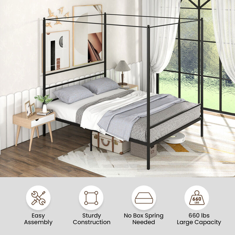 Metal Canopy Bed Frame with Slat Support