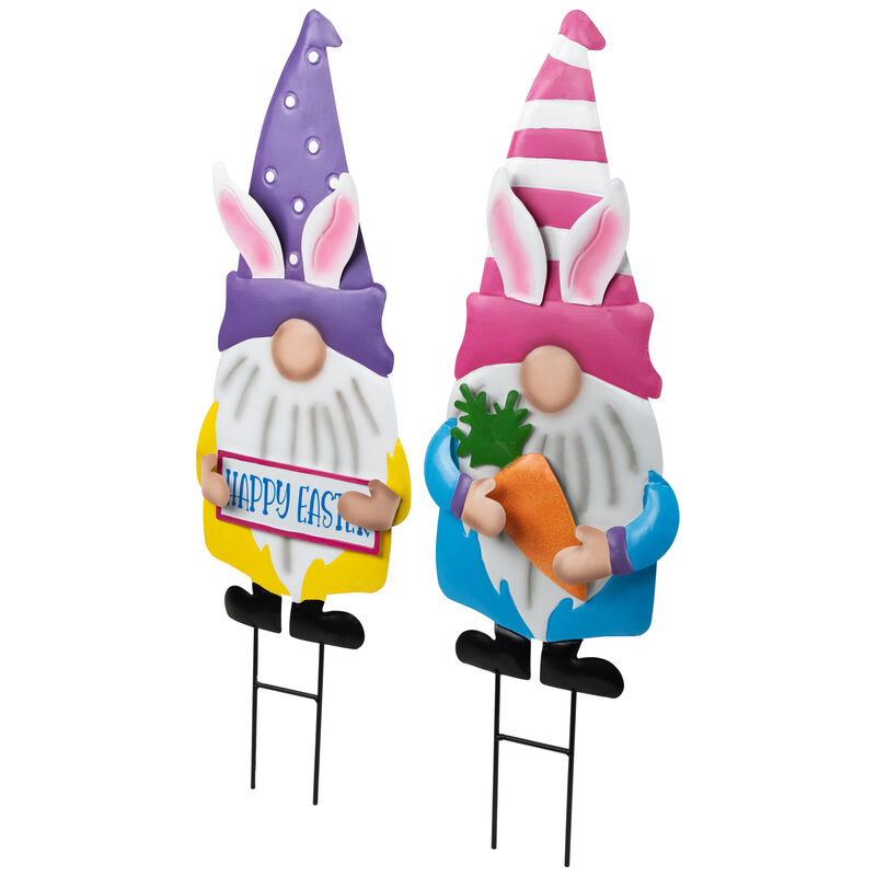 Gnomes with Bunny Ears Easter Outdoor Garden Stakes - 27" - Set of 2