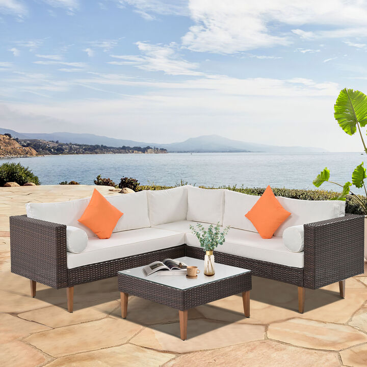 Whisen 4-Piece Outdoor Wicker Sofa Set, Patio Furniture with Colorful Pillows and Coffee Table