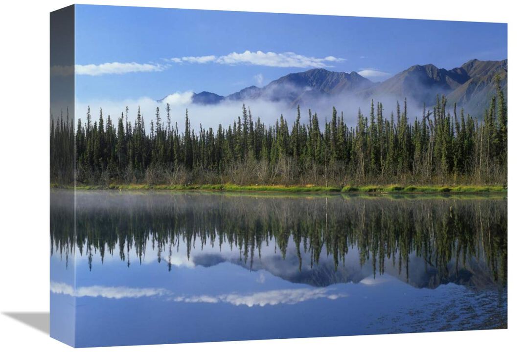 Lake reflecting mountain range and forest, Kluane National Park, Yukon, Canada-Canvas Art-16x12