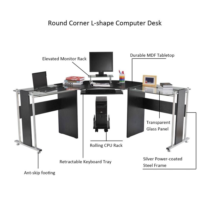 Black Glass Workstation: 69" L-Shaped Desk with Monitor Stand & Keyboard Tray
