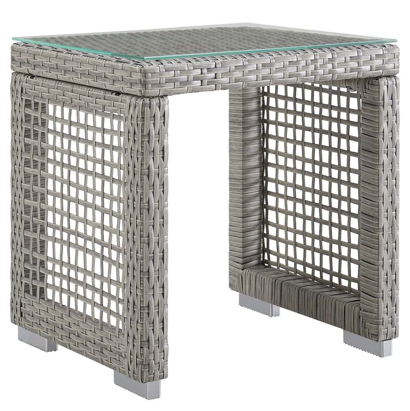 Modway Aura Outdoor Patio Wicker Rattan Armchair and Two Side Tables in Gray White