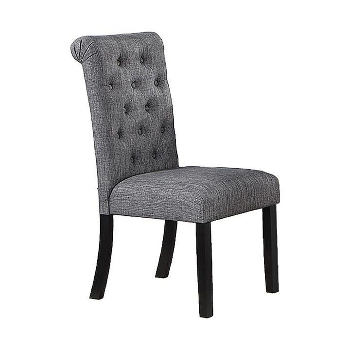 Jie 25 Inch Dining Chair, Tufted Gray Upholstery, Rolled Top, Black Wood - Benzara