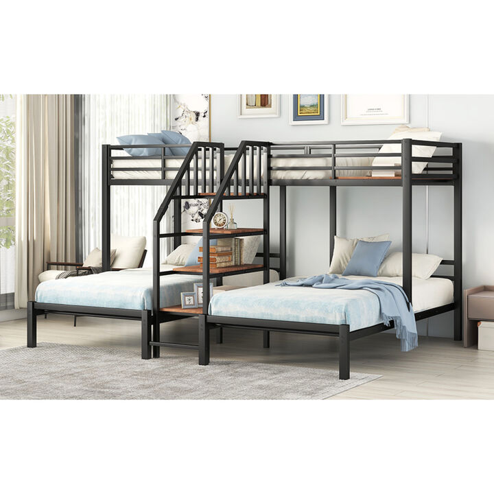 Metal Twin Over Twin & Twin Bunk Bed, Triple Bunk Bed With Storage Shelves Staircase
