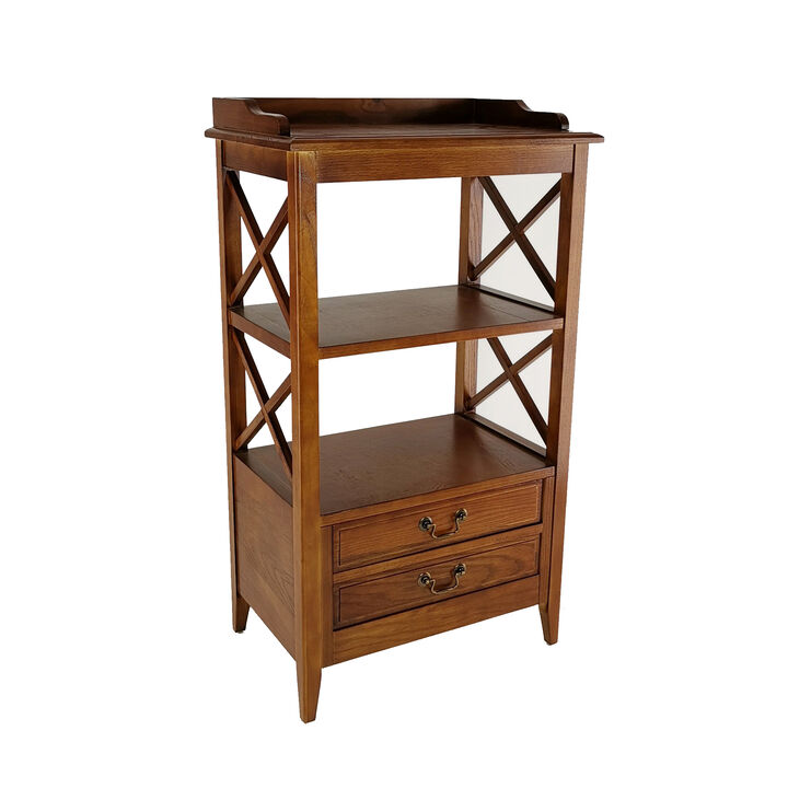 X Frame Wooden Rack with 2 Drawers and Open Shelf, Brown-Benzara