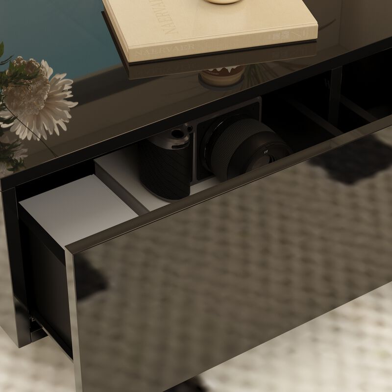FUFU&GAGA Modern High-Gloss Black Coffee Table with Marble Texture, 2 Drawers & 3 Open Shelves (47.2" W x 23.6" D x 11.6" H), Black