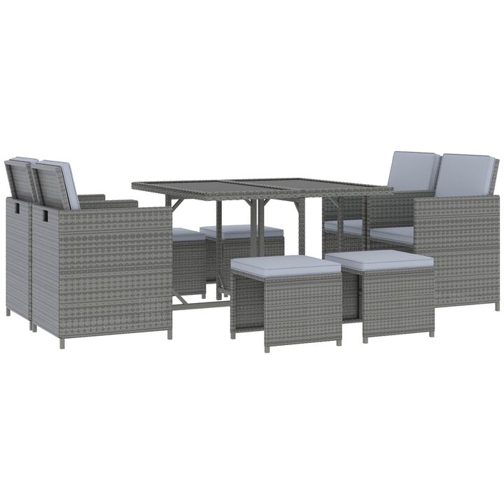 Grey Outdoor Dining: 9-Piece Rattan Wicker Set with Cushioned Chairs