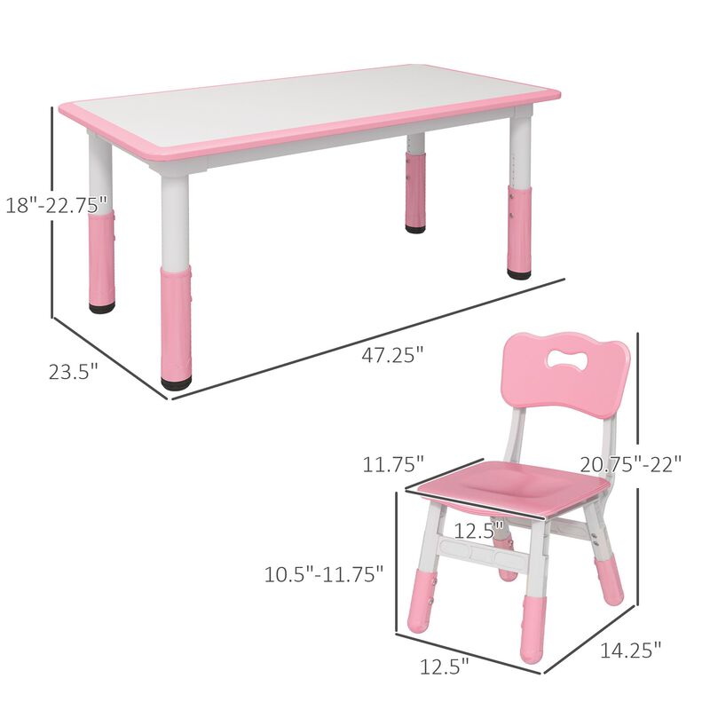Kids Table and Chair Set with 4 Chairs, Adjustable Height, Easy to Clean Table Surface, for 1.5 - 5 Years Old, Pink
