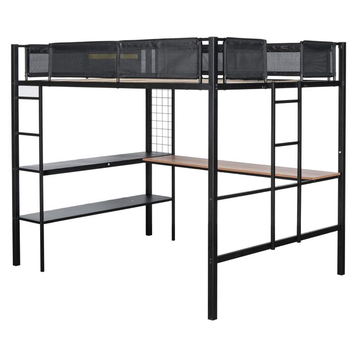 Sturdy Metal Loft Bed with Desk & Shelves