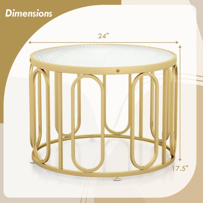 Hivvago 24 Inch Round Coffee Table with Reeded Tempered Glass Top and Oval Swivel Brackets