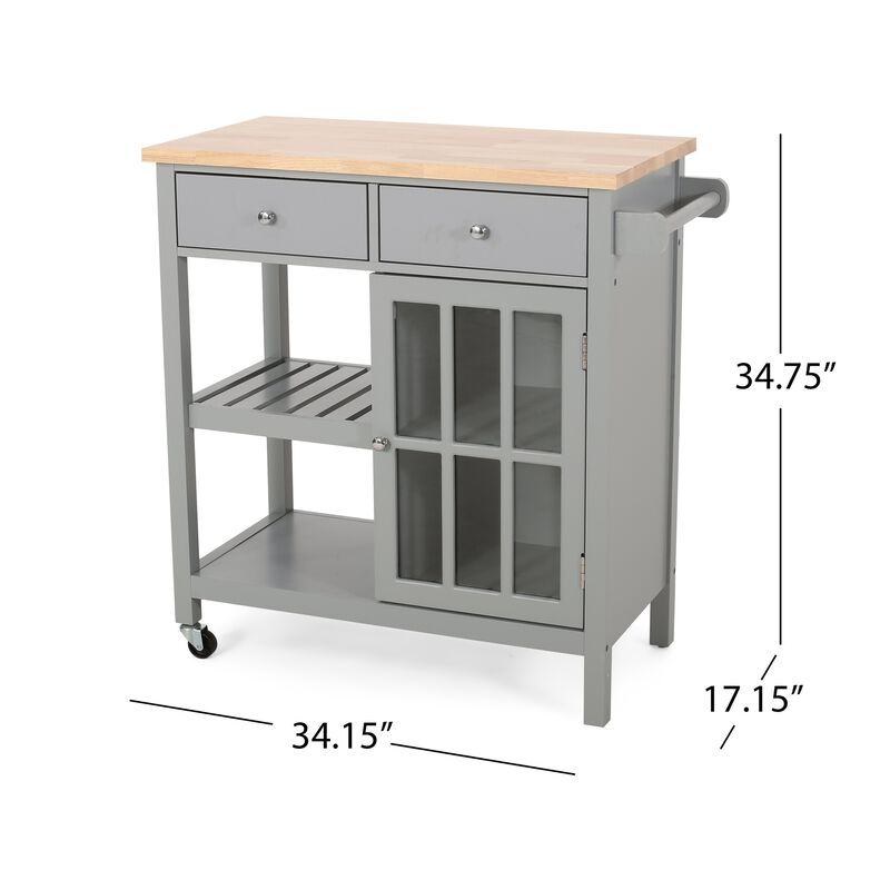 Rolling Kitchen Island Bar Cart, 1 Glass Door, Gray n Natural Brown - Benzara