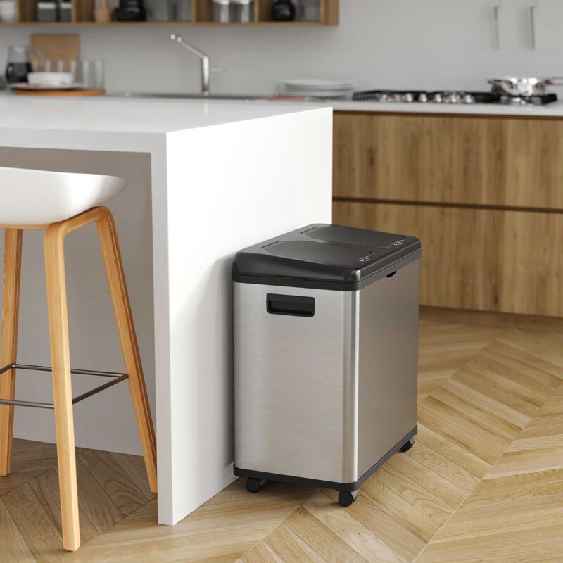 iTouchless 16 Gallon Dual-Compartment Stainless Steel Sensor Recycle Bin/Trash Can with Black Lid