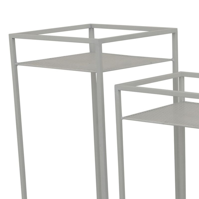 Sano Plant Stand Table Set of 3, Mesh Pattern, White Metal, Square - Benzara