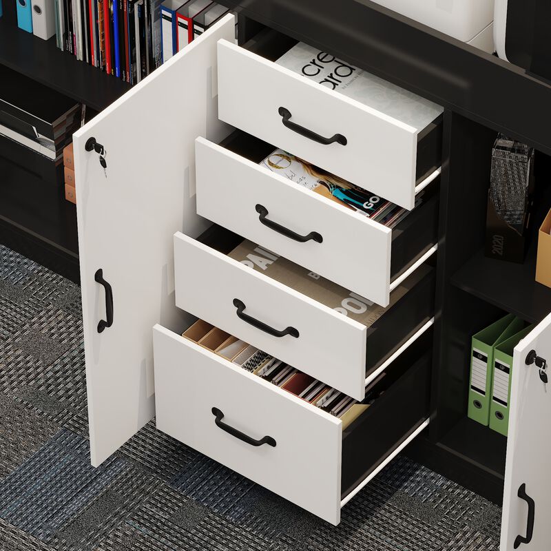FUFU&GAGA Black and White Bookshelf with 4 Drawers and 3 Doors, Particle Board Construction with Laminate Finish (47.2" W x 31.5" H x 15.7" D), White