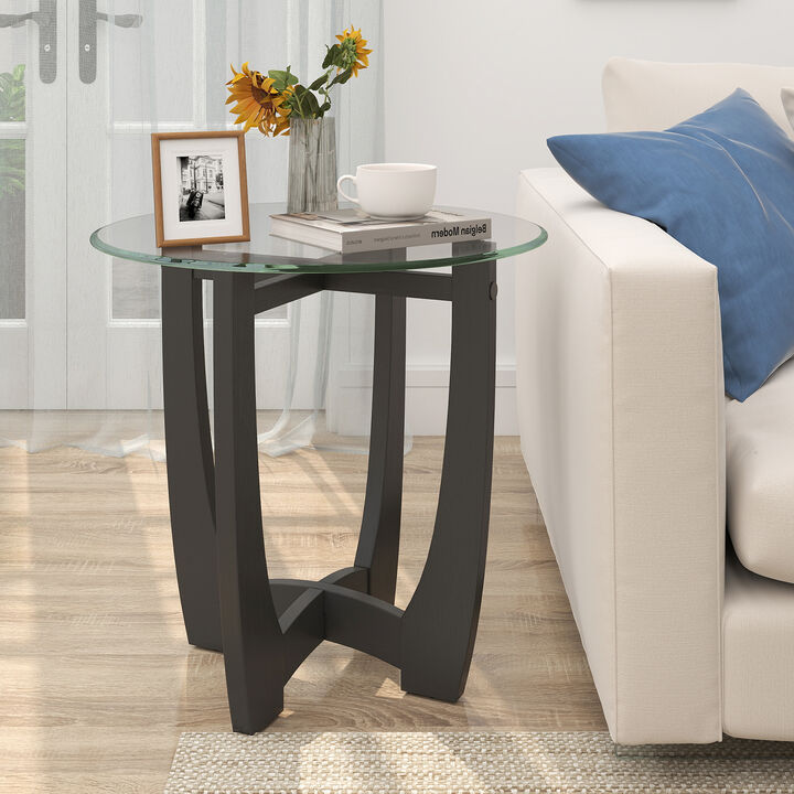 Round End Side Table with Tempered Glass Top for Living Room or Bedroom