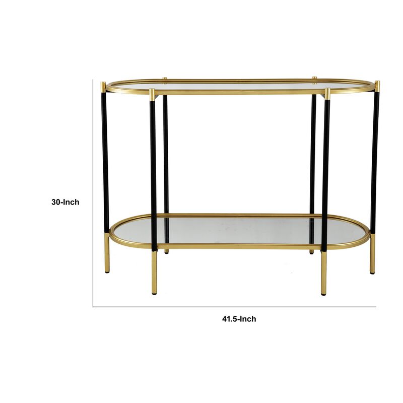 30 Inch Console Sideboard Table, Oblong, Mirrored Top, Black, Gold - Benzara