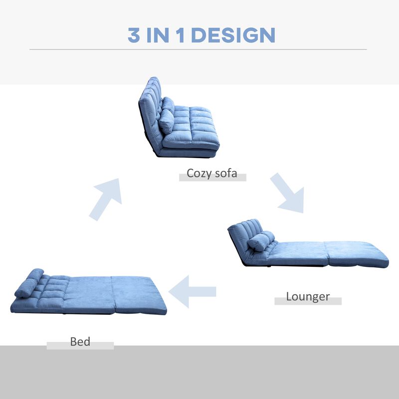 Blue Lazy Sofa: Adjustable, Convertible to Bed, 2 Pillows