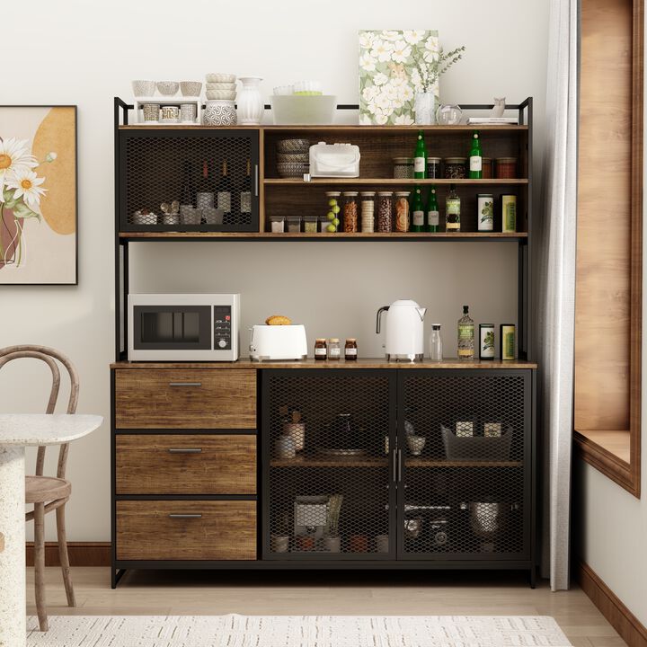 59 in. W Brown Large Kitchen Pantry Organizers Cabinet Buffet with 3-Drawers, 6 Shelves and Metal Mesh Doors