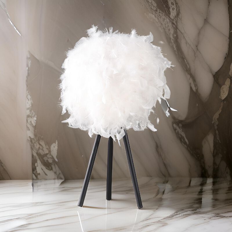 Rio 21 Inch Accent Table Lamp, White Feather Shade, Black Metal Tripod Base - Benzara