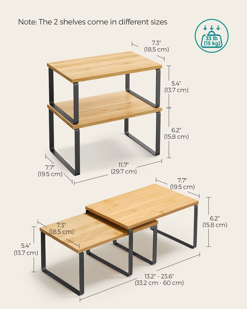 Expandable and Stackable Cabinet Shelf Organizer – Metal and Bamboo Kitchen Counter Shelves, Set of 2