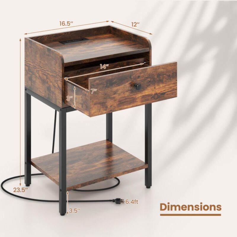Hivvago Industrial Bedside Table Nightstand with Charging Station