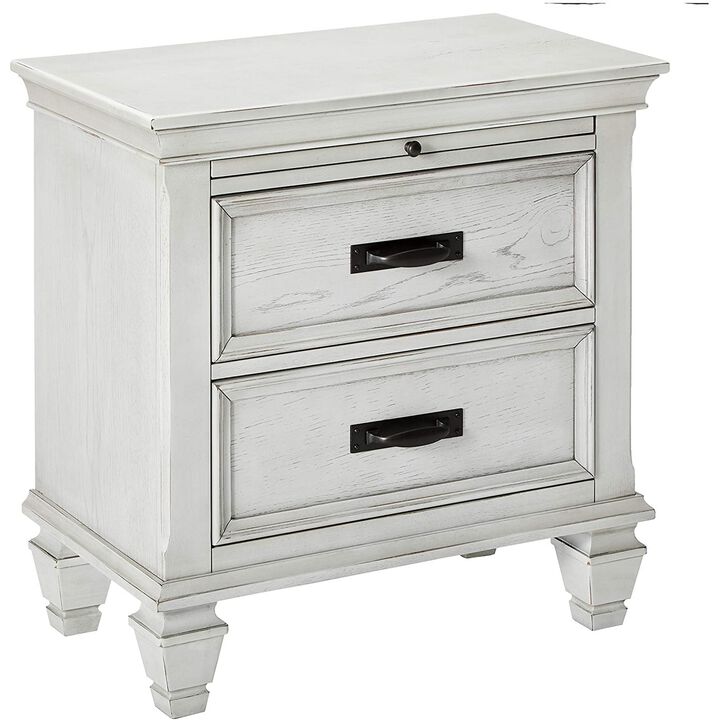 Wooden Nightstand with 2 Drawers & 1 Pull Out Tray, White-Benzara