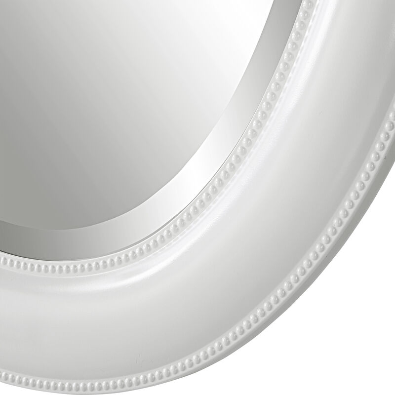 29 Inch Wood Wall Mirror, Beaded Oval Shape, White-Benzara