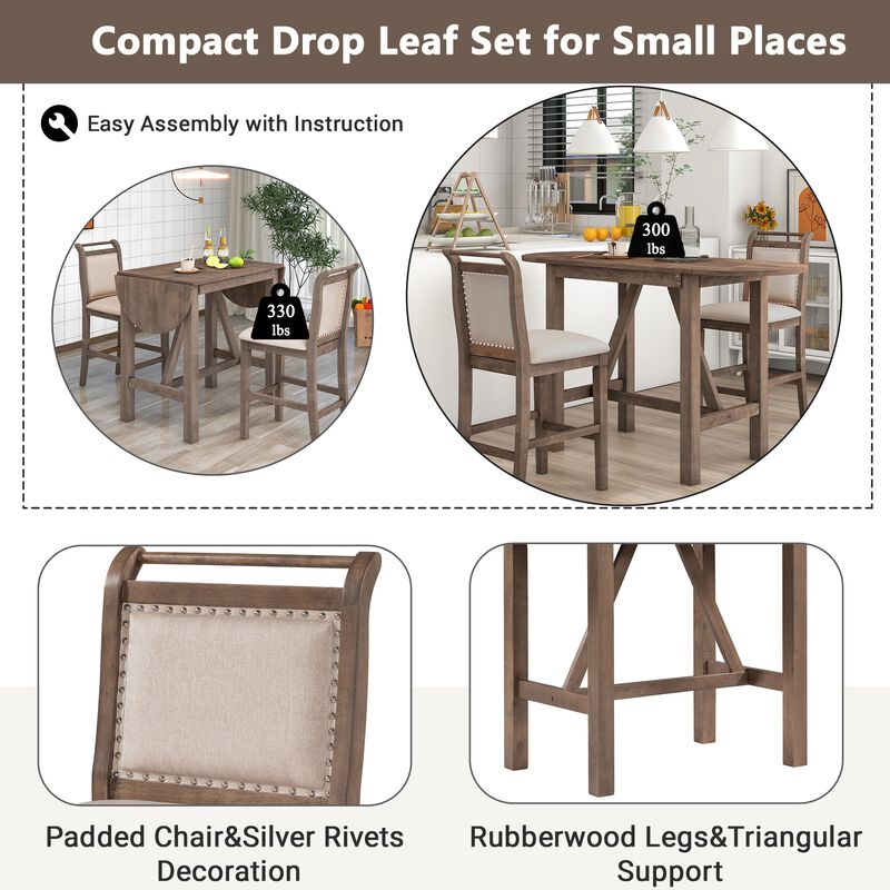 MONDAWE 3-Piece Wood Counter Height Drop Leaf  Dining Table Set with 2 Upholstered Dining Chairs for Small Place,Dinging Room