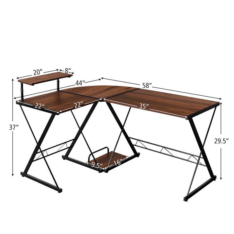 Costway 58'' x 44'' L-Shaped Computer Gaming Desk w/ Monitor Stand & Host Tray Home Office Antique